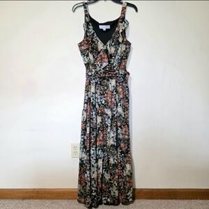 Emma & Michele Floral Ruffle V-Neck Maxi Dress Tiered Boho Tie Waist Black Multi